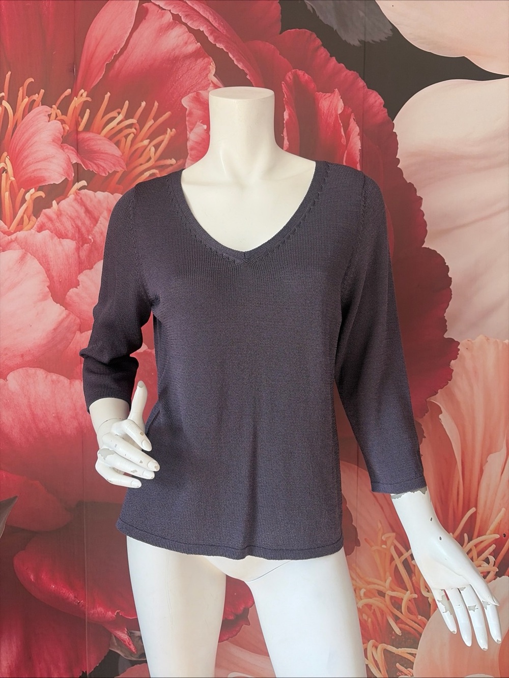 Eileen Fisher PL Deep Purple V-Neck Knit Top Italian Yarn NWT